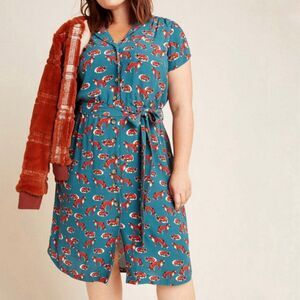 Anthropologie Teal and Red Fox Print Midi Dress